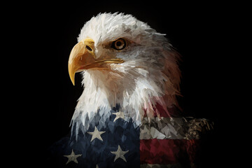 Portrait of bald eagle with American flag colors, patriotic symbol, freedom and strength, digital painting on dark background.