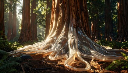 Giant tree roots extend outwards in a sunlit forest