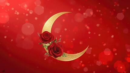 Golden crescent moon with red roses on romantic red background