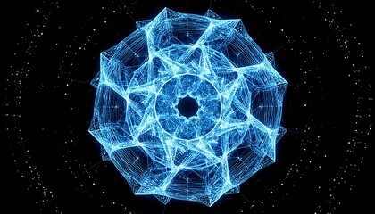 Glowing blue geometric structure with intricate patterns against a dark space