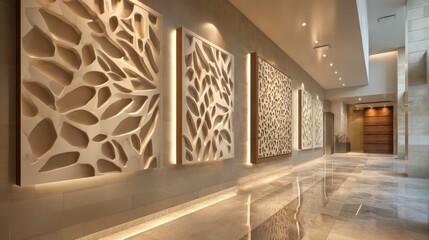 Business corridor highlighting sculptural wall panels illuminated by rim-light Shadows stretch elegantly across polished stone flooring brilliance glimmers