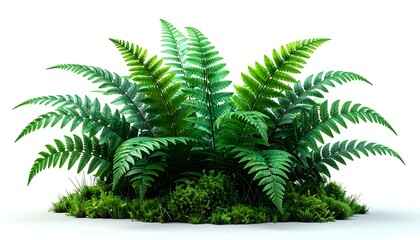 Fototapeta premium Lush green fern with detailed fronds growing on a bed of vibrant moss