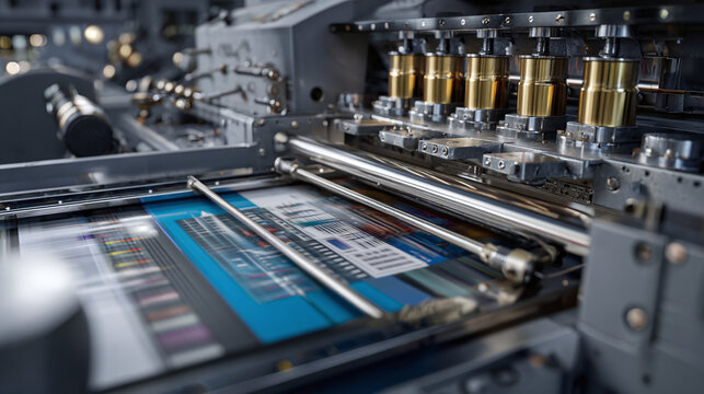A detailed view of a printing machine in operation, showcasing intricate mechanics and vibrant colors