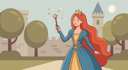 Princess Holding Magic Wand A flat vector illustration of a princess holding a magic wand or glowing object. Sparkles and stars appear subtly.  © WealthyMinion