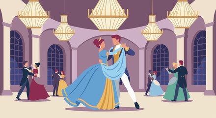 Princess Dancing at Royal Ball
A flat vector illustration of a princess dancing at a royal ball. Flowing dress, chandeliers, and palace hall visible. Flat vector style, graceful movement.