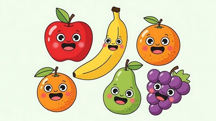 Cartoon fruits with smiling faces together.