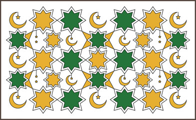 Islamic pattern featuring green and gold stars and crescents on white background Vector illustration