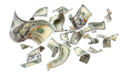 Flying hundred dollar banknotes, isolated on transparent cutout background
