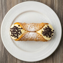 Delicious cannoli on a white plate with powdered sugar and chocolate chips