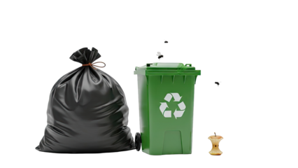 Trash bag, recycling bin, and flies