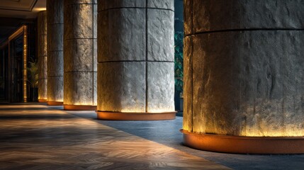Business corridor lined with textured stone columns illuminated by rim-light brilliance enhances metallic trims shadows align rhythmically across