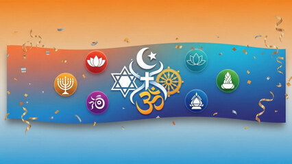 A vibrant vector graphic representing various religious symbols on a colorful banner with confetti