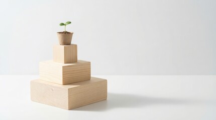 Wooden blocks stacking up with green plant sprout for growth concept