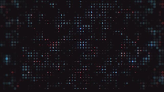 Abstract digital grid pattern glowing blue and red dots on black background futuristic technology