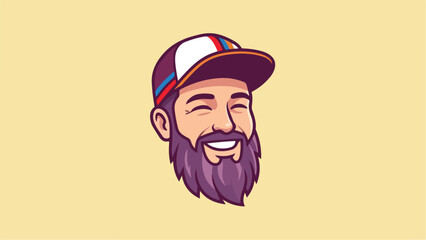 Happy man with beard and cap smiling widely on yellow background.