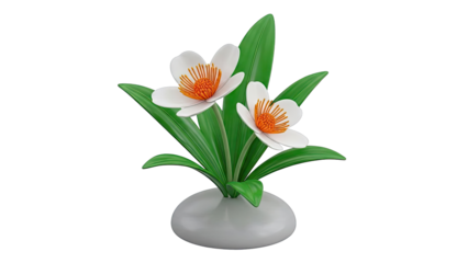Two white and orange flowers in a gray vase