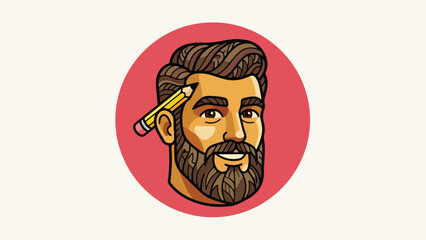 Cartoon portrait of a man with a pencil in his hair.