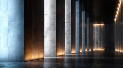 Business interior corridor with vertical stone columns illuminated by side-light brilliance enriches polished floors shadows create cinematic rhythm