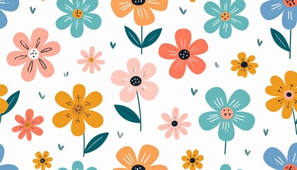Colorful Floral Pattern - A Delightful Arrangement of Flowers on a White Background.