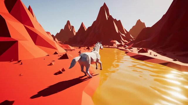 Low Poly Horse Running Along Golden River in Red Desert Canyon