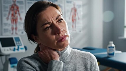 Woman experiencing neck pain grimaces, feeling discomfort in a medical office setting