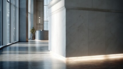 Business lobby showcasing minimalist stone column illuminated by rim-light Polished flooring reflects brilliance subtly shadows remain natural and