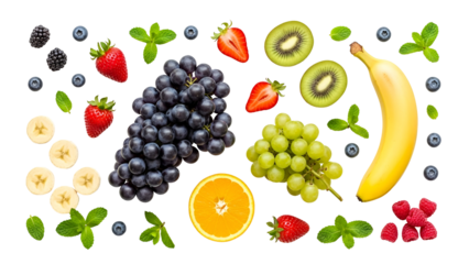 Vibrant Flat Lay of Assorted Fresh Fruits and Berries with Green Mint Leaves, including Strawberries, Blueberries, Grapes, Kiwi, Orange, and Banana, isolated on transparent background, perfect for hea