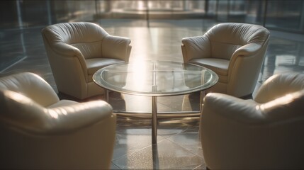 Business lounge symmetrical leather armchairs placed around circular glass table Rim-light defines surface contours shadows ground composition across