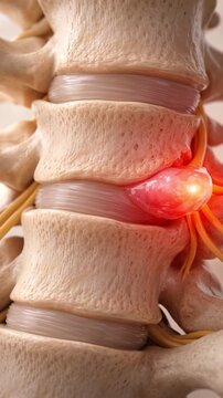 Spine pain aging chronic disease concept with lumbar disc herniation bulge nerve compression and inflammation medical illustration of human vertebra vertebrae backbone segment closeup detail anatomy