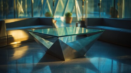 Business lounge interior showcasing angular glass table framed by upholstered seating Side-light enhances reflective transparency brilliance glows faintly