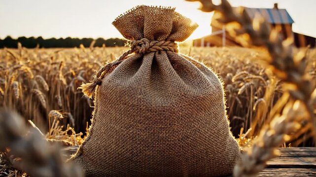 Burlap sack in a wheat field at sunset, capturing harvest serenity.