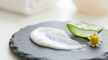 Natural skincare cream texture smear with aloe vera and flower