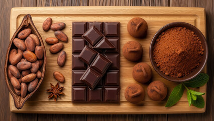 Delicious array of chocolate ingredients and products from cacao bean to indulgent truffles