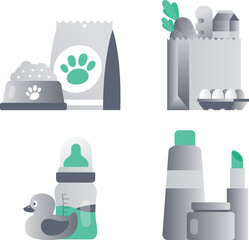 Pet care products set, 4 flat minimal veterinary icons
