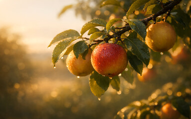 Close-up of dewy apples hanging from a branch with green leaves in soft morning light. The scene conveys freshness and tranquility.