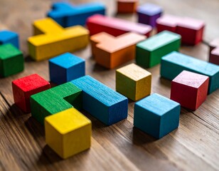Colorful Wooden Blocks Arranged on a Wooden Surface, Creative Playtime.