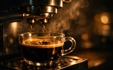Fototapeta premium Steaming espresso flows from a machine into a transparent cup, releasing aromatic steam. Warm lighting creates a cozy, inviting atmosphere.