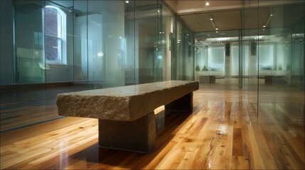 Business waiting area central stone bench placed on polished wooden flooring reflections shimmer faintly on glass partitions shadows
