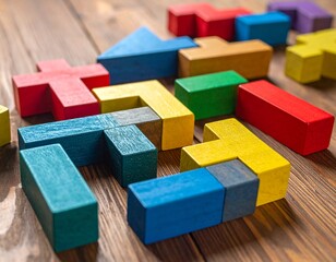 Colorful Wooden Blocks Arranged on a Wooden Surface, Creative Playtime.