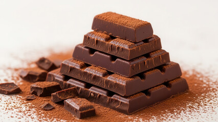 Artfully stacked dark chocolate bars forming a delicious pyramid, generously dusted with cocoa powder
