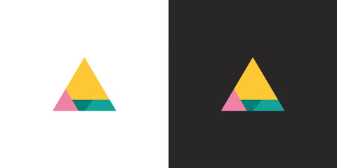Two distinct triangular shapes on a white and black background with yellow pink and teal colors