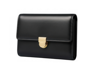 Black leather wallet with gold clasp isolated on transparent background