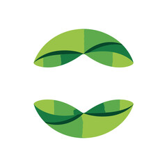 Two green leaves with dark veins and light green sections forming a dynamic symmetrical pattern