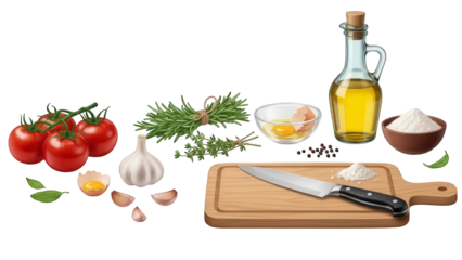 Delicious cooking ingredients on wooden cutting board with knife