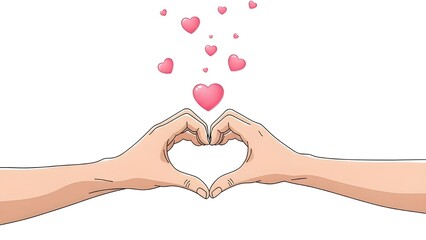 Obraz premium Heart-Shaped Hand Gesture with Floating Pink Hearts, Love Sign