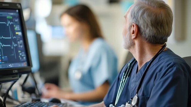 Nurse assisting elderly patients in retirement healthcare as medical technology aids in monitoring vital signs