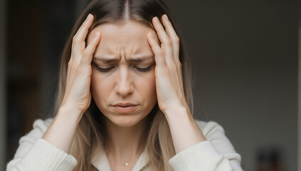 Fototapeta premium Stressed and Concerned: A close-up portrait of a woman, lost in worry, her hands cradling her temples, depicting stress, anxiety and mental strain.