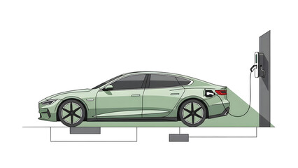 Naklejka premium Minimalist flat vector illustration of a modern electric car charging at home station