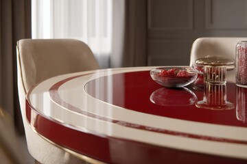 Candy red and light beige contrast room with glass-inlaid table directed rim light casting strong object separation