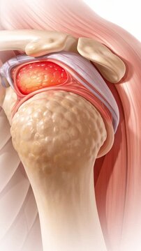 Human shoulder joint pain chronic disease anatomy illustration showing inflamed bursa tendon muscle and bone structure aging human body medical healthcare education concept chronic shoulder joint